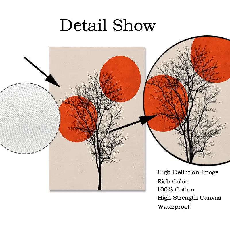 Beige canvas print with a black tree silhouette and vibrant orange circles in nordic style winter morning landscape