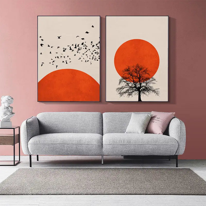 DecorBites™ abstract winter morning landscape canvas print in nordic style featuring black tree silhouette and orange circles