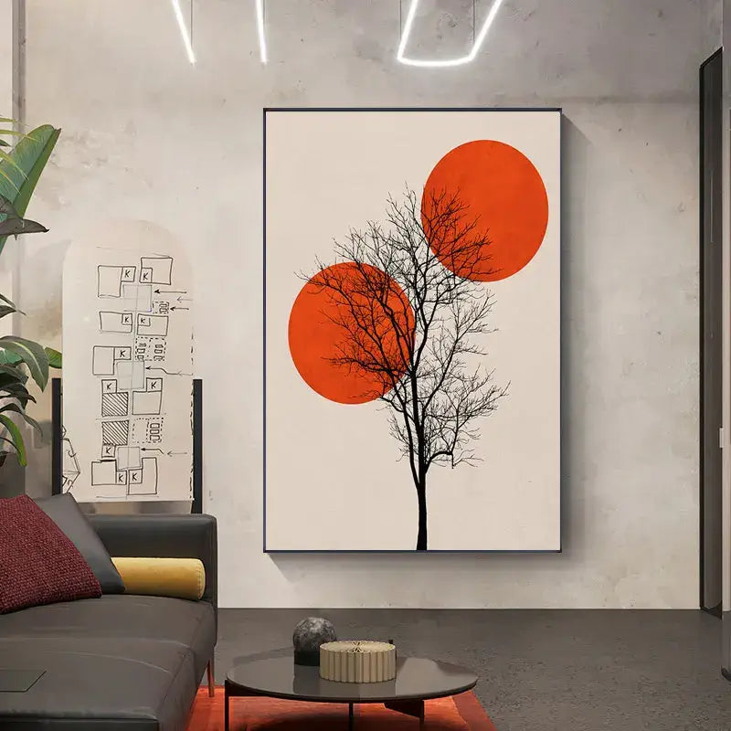 Minimalist DecorBites™ abstract winter morning landscape canvas print in nordic style with black tree silhouette and orange circles