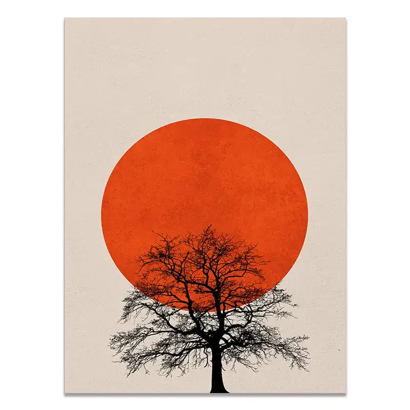 DecorBites™ abstract winter morning landscape canvas print with black tree silhouette and orange sun in nordic style