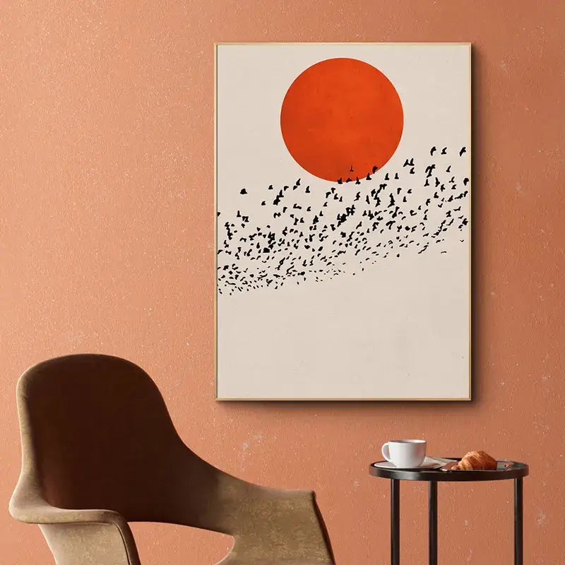 Minimalist DecorBites™ canvas print featuring a bold orange circle and black birds in a nordic style winter morning landscape