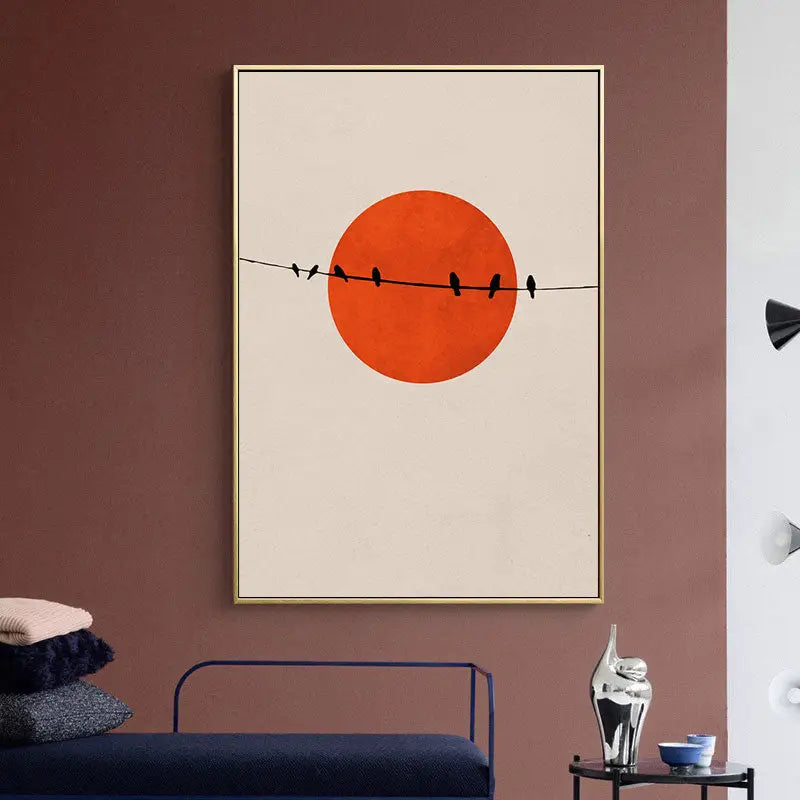 Decorbites™ abstract winter morning landscape canvas print featuring a bold orange circle and birds in nordic style