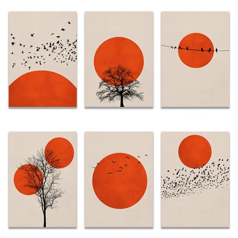 Set of six decorbites™ canvas prints featuring bold orange suns and black tree silhouettes in nordic style winter morning landscape