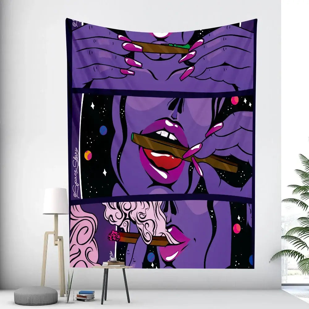 Purple and pink abstract woman tarot tapestry featuring stylized figure holding cigars on cosmic background decorbites wall decor