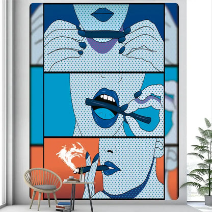 Blue and white pop art wall mural with stylized faces and bold lips for decorbites abstract woman tarot tapestry