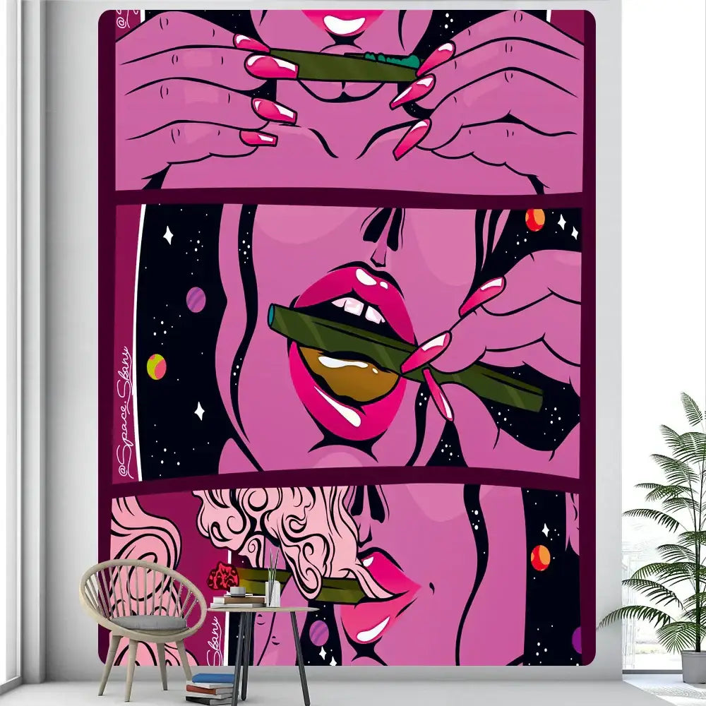 Vibrant pink and black decorbites abstract woman tarot wall tapestry with stylized hands lips and cosmic background