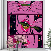 Vibrant pink and black decorbites abstract woman tarot wall tapestry with stylized hands lips and cosmic background