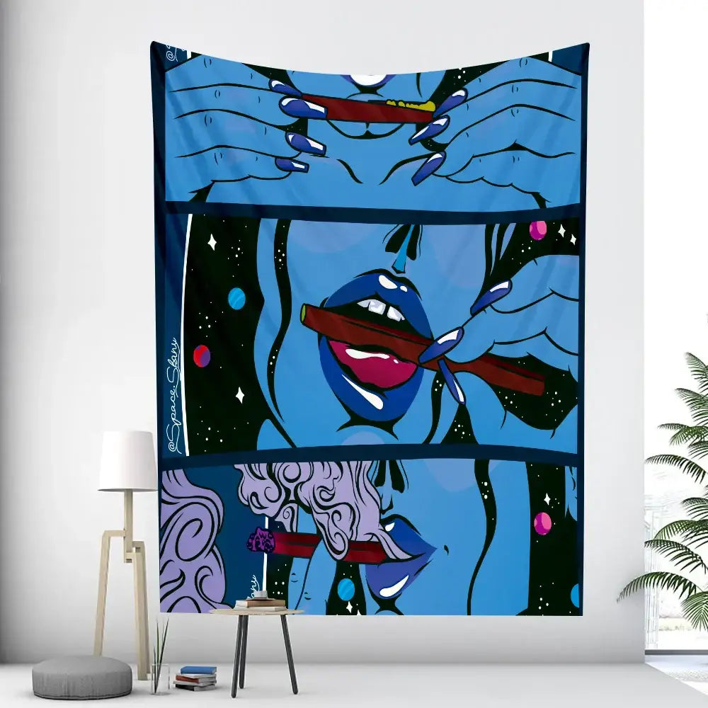 Blue cartoon-style abstract woman tarot tapestry with stylized figure and cosmic background for decorbites decor