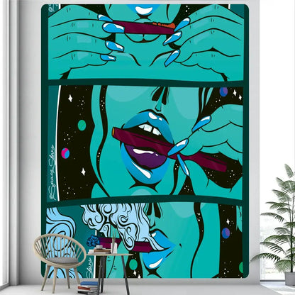 Teal and black pop art abstract woman tarot tapestry with stylized hands holding maroon object for bedroom decorbites decor
