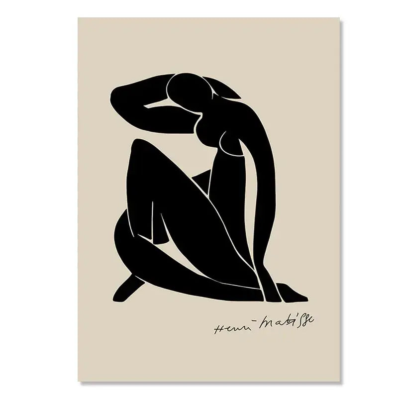 Black silhouette print of a seated figure signed henri matisse on beige background for abstract yayoi kusama wall art