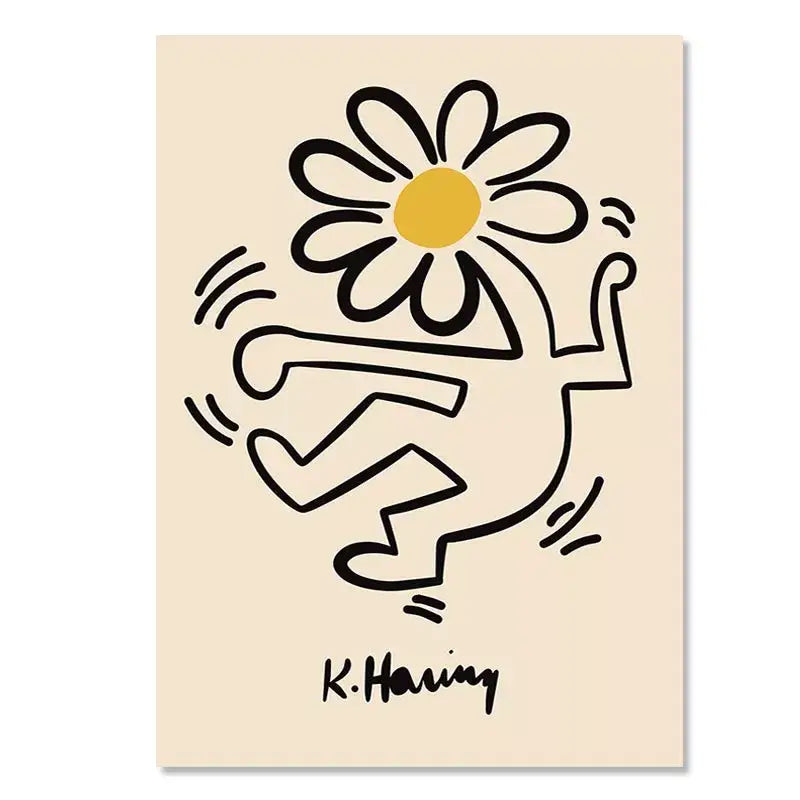 Beige canvas print of abstract yayoi kusama wall art featuring a black line drawing of a dancing figure with a yellow daisy