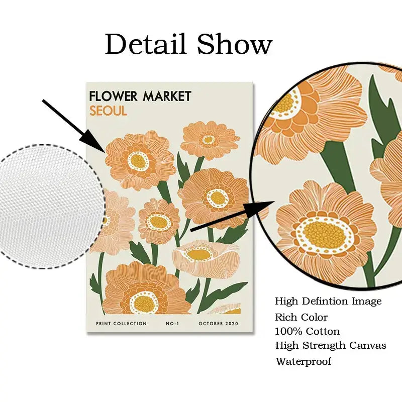 A beige canvas tote bag with vibrant orange green floral market print and flower market seoul text, inspired by kusama wall art