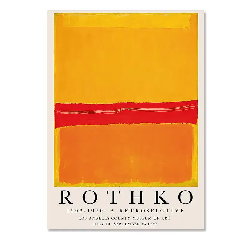 A vibrant abstract yayoi kusama wall art poster with bold yellow, orange, and red horizontal bands for living room decor
