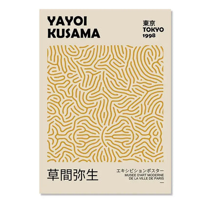 Beige abstract yayoi kusama wall art with gold maze pattern and bold black text from 1998 tokyo exhibition for living room