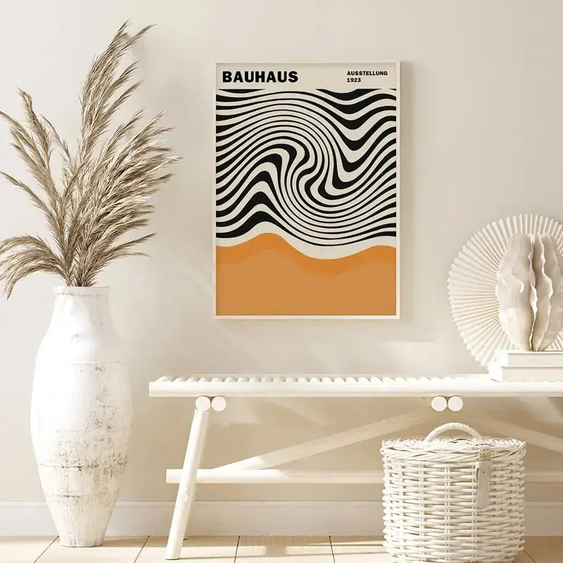 Abstract yayoi kusama wall art featuring a black and white wavy line poster with an orange wave in a minimalist frame
