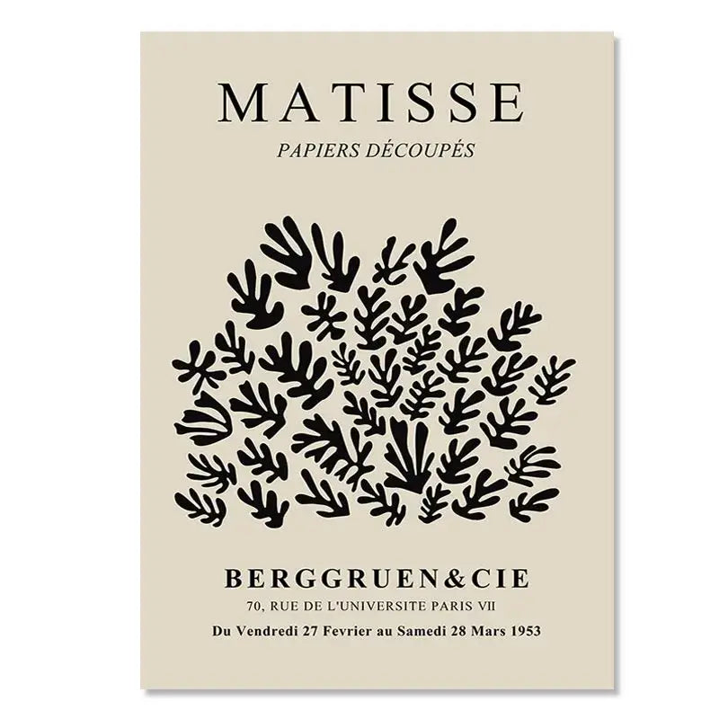 Beige poster with black cut-paper seaweed artwork by matisse featuring elegant serif text for abstract yayoi kusama wall art