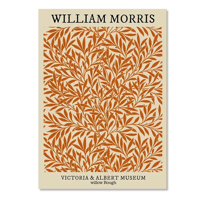 A rectangular framed art print featuring a warm orange willow leaf pattern with william morris branding for kusama wall art