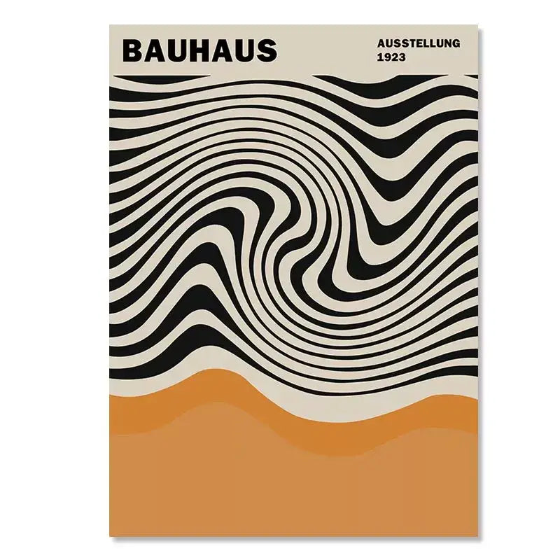 A minimalist abstract yayoi kusama wall art poster with black and cream stripes and an orange band for living room decor