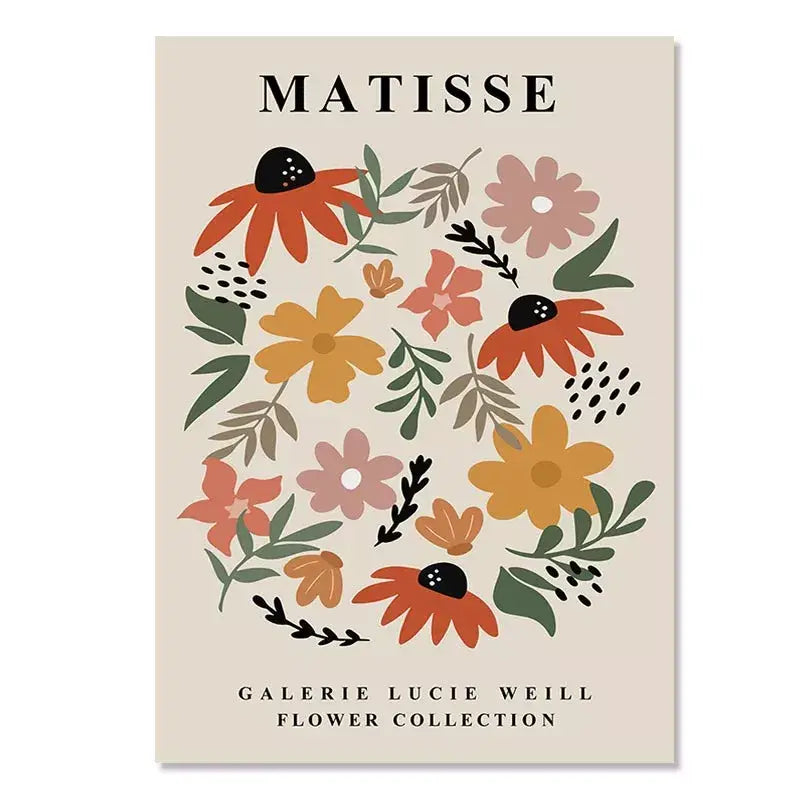 Beige rectangular abstract yayoi kusama wall art featuring stylized orange yellow pink blossoms with green leaves