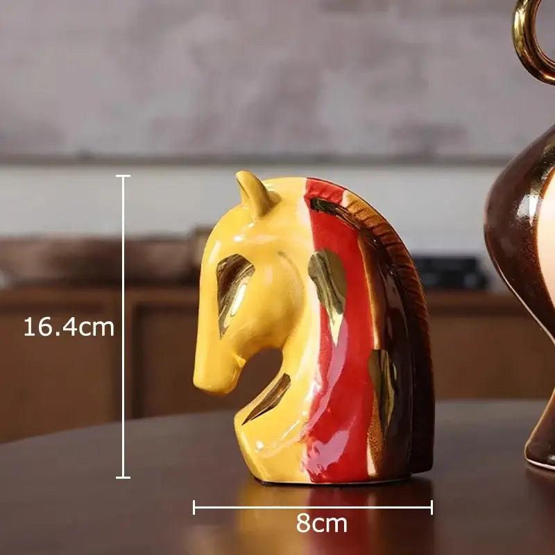 Abstract yellow and red ceramic vase plant featuring a vibrant horse head figurine with a glossy finish for living room decor