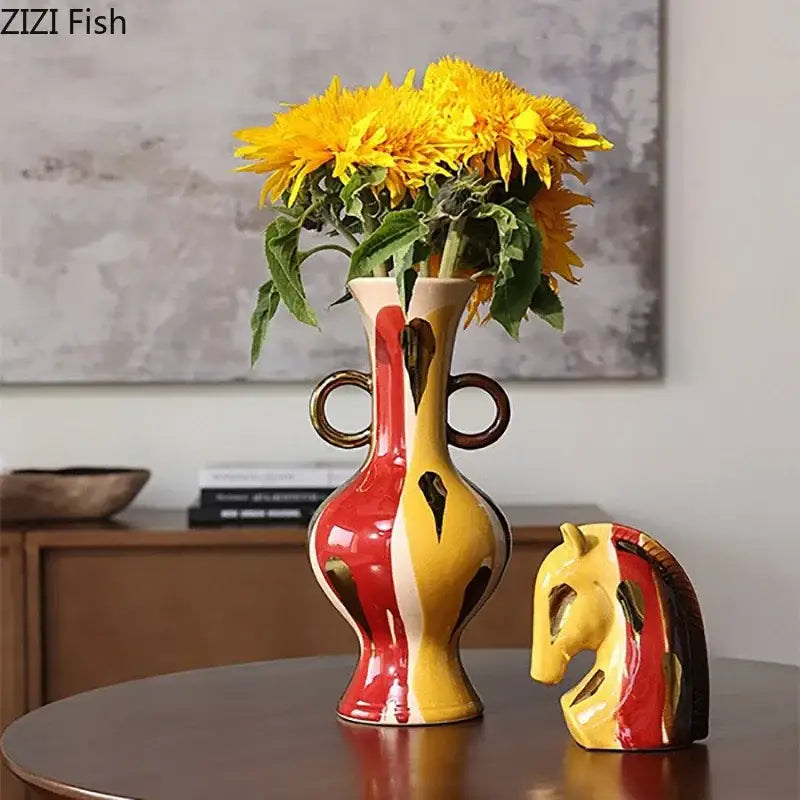 Glossy red and yellow ceramic vase with dark brown ring handles ceramic vase plant pot for living room decor