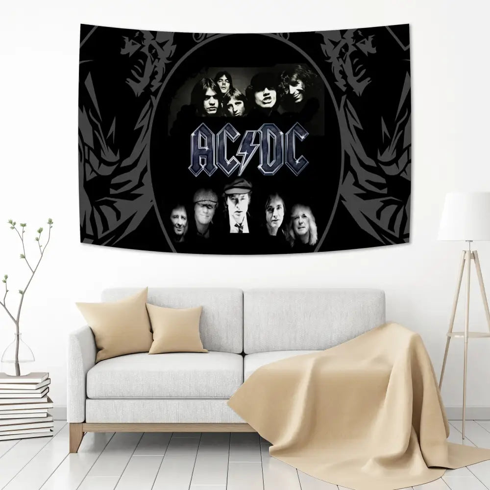 Black acdc band tapestry wall hanging with tiger logo and band member portraits for bedroom decor wall hanging