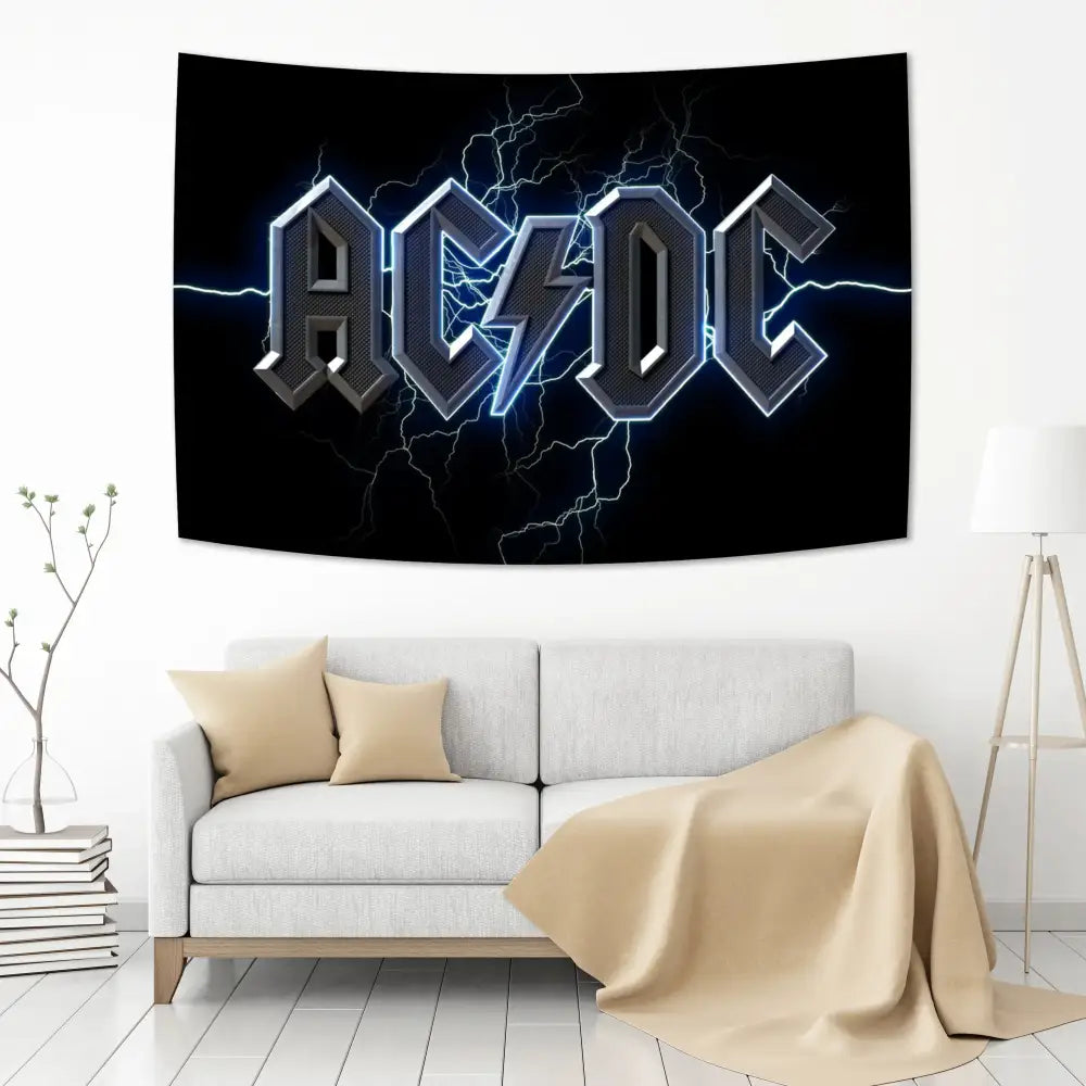 Acdc band tapestry wall hanging with glowing blue lightning bolts and metallic silver lettering for bedroom decor