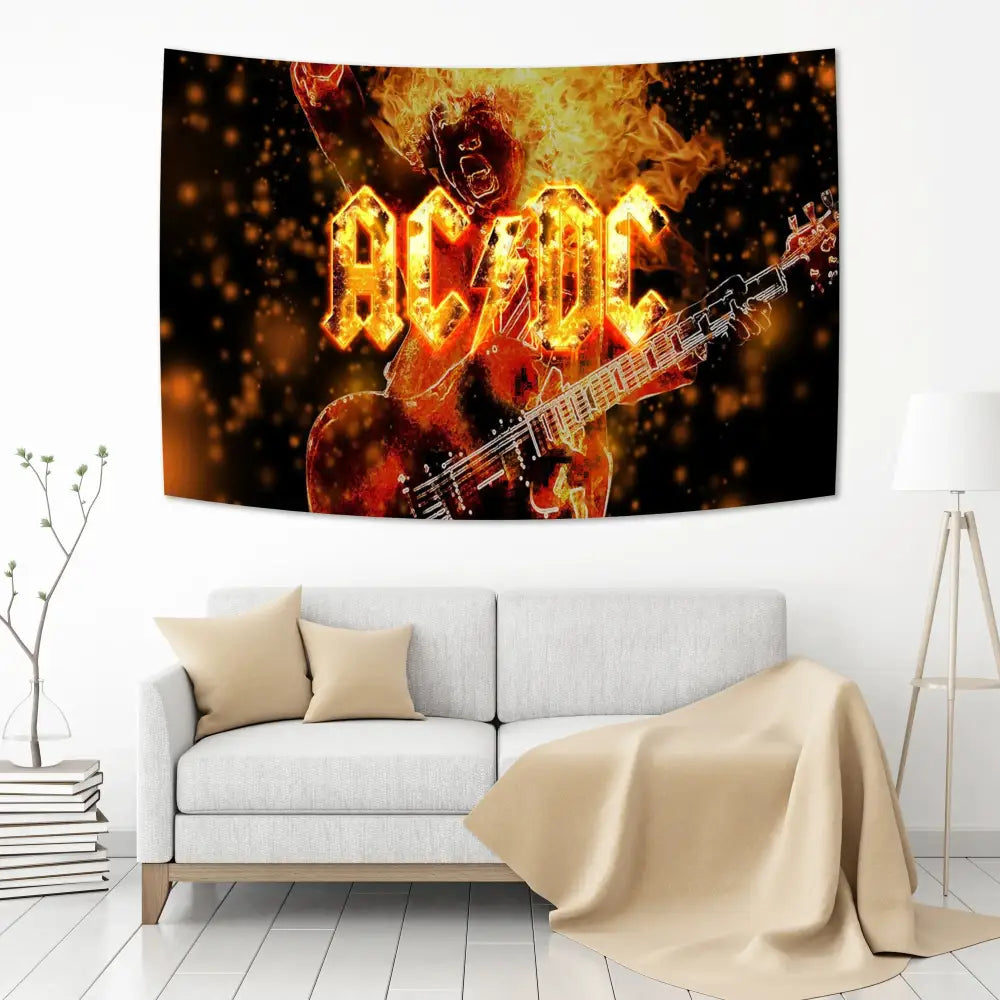 Ac/dc band tapestry wall hanging featuring a fiery orange and black guitarist design for bedroom decor