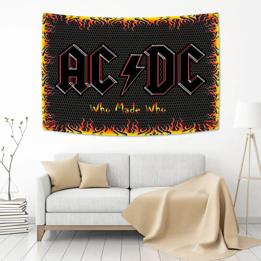 Ac/dc band tapestry wall hanging with flame-themed black red and yellow graphics on textured mesh wall hanging