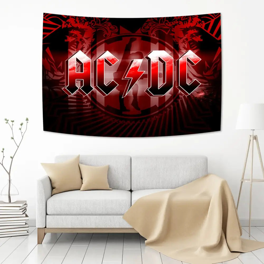 Red and black acdc band tapestry wall hanging featuring bold stylized logo for bedroom tiger logo decor