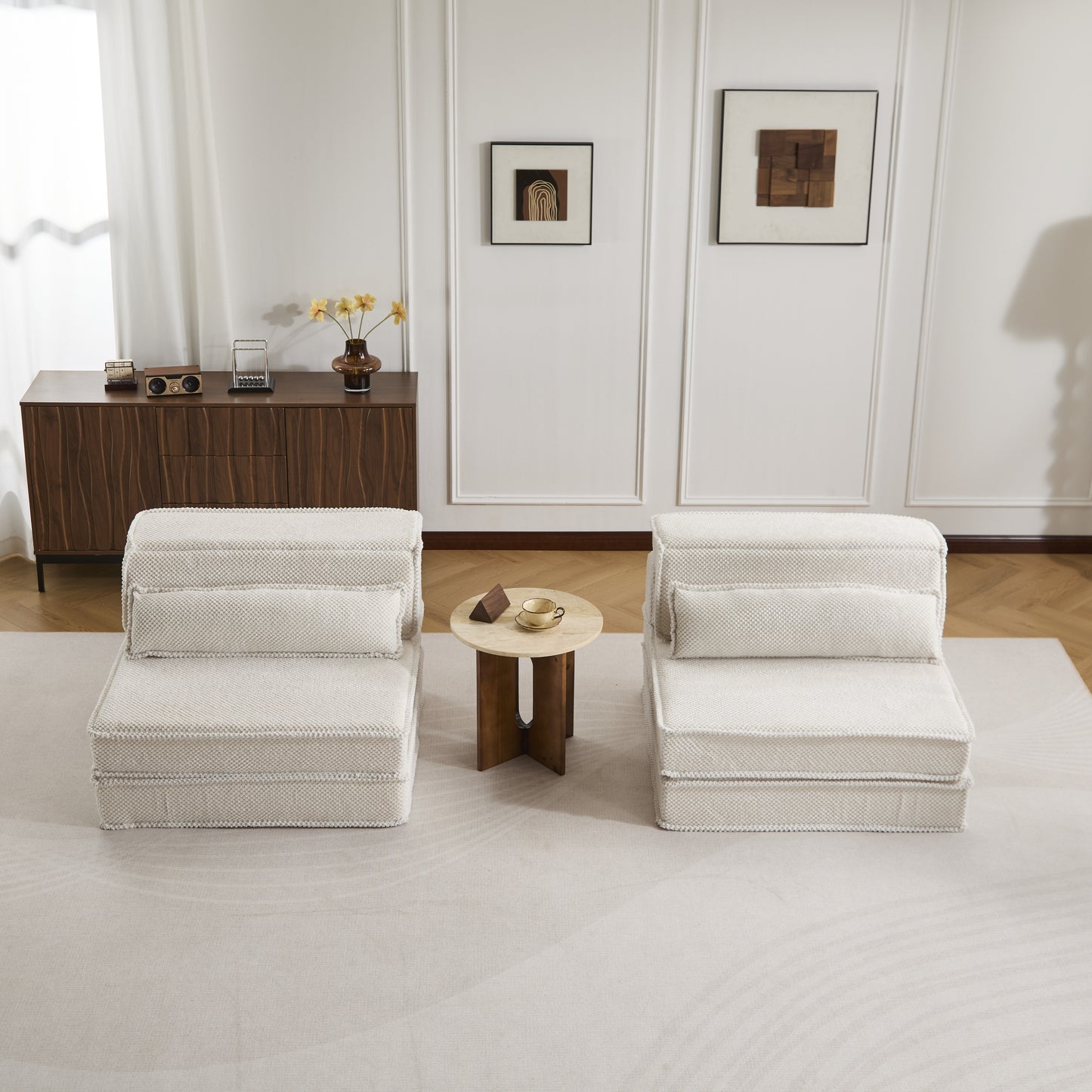 Compression Mahjong Sofa,Convertible Floor Sofa Bed,DIY Boneless Modular Sectional Sofa,No Assembly Required,Circle Fleece Fabric,Oversized 2 Seater With 2 Pillows,White