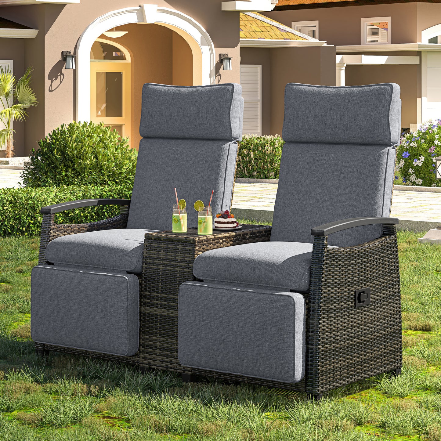 GO Patio Recliner Loveseat Chair, Adjustable Backrest Wicker Outdoor Lounge Chair Set With Acacia Wood Armrests And Built-in Storage Table For Balcony, Porch, Lawn, Gray