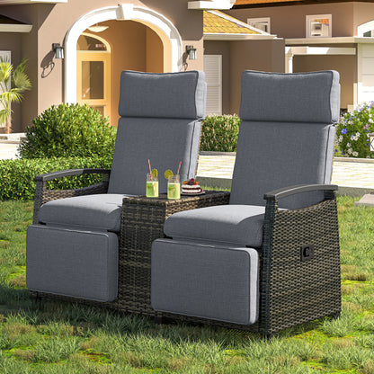 GO Patio Recliner Loveseat Chair, Adjustable Backrest Wicker Outdoor Lounge Chair Set With Acacia Wood Armrests And Built-in Storage Table For Balcony, Porch, Lawn, Gray
