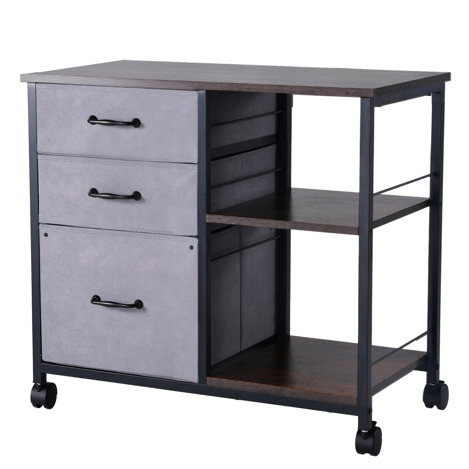Mobiler Metall-Aktenschrank mit 3 Stoffschubladen und 2 offenen Regalen Braun