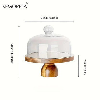 Kemorela acacia wood cake stand with clear glass dome and wooden base for kitchen dessert display decorbites acacia wood