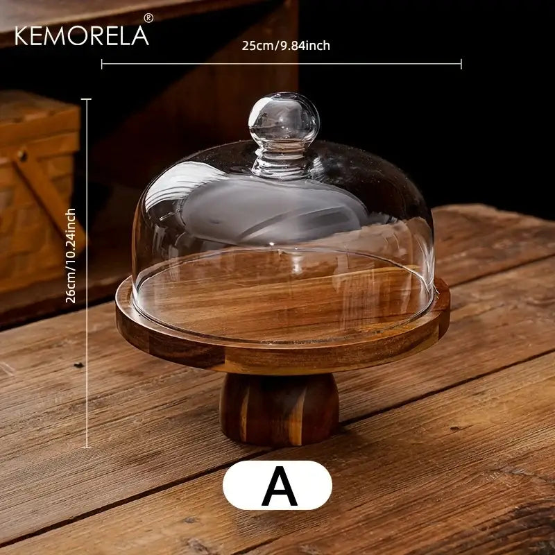 Acacia wood cake stand with dark wood pedestal base and clear glass dome with rounded knob for dessert display