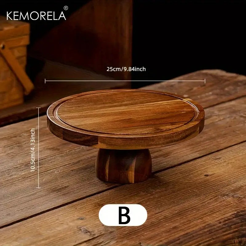 Acacia wood cake stand with natural finish and sturdy pedestal base by Kemorela for kitchen dessert display