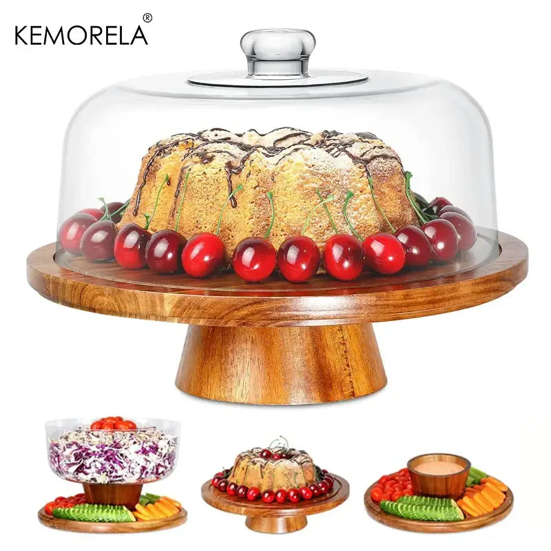 Acacia wood cake stand with clear glass dome featuring a chocolate-drizzled bundt cake and fresh red cherries by decorbites acacia wood