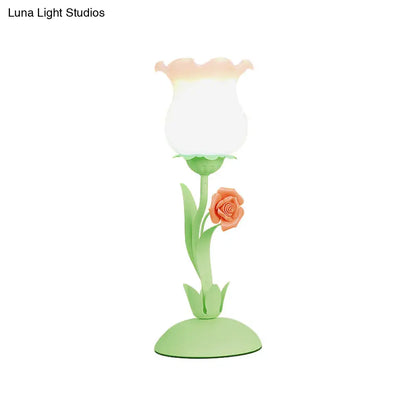 Acamar - Lámpara de mesa Pastoral Capullo de Rosa Pastoral, 1 cabezal, cristal opalino mate, con enredadera rosa/azul/verde