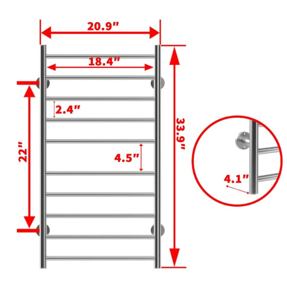 Calentador de Toallas Eléctrico Calefactado para Baño, Calentador de Toallas Montado en la Pared, 10 Barras de Acero Inoxidable para Secado