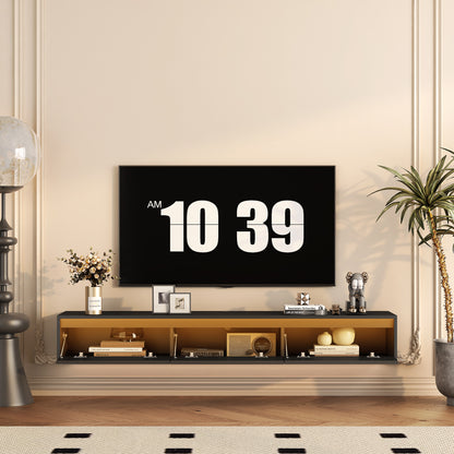 Floating TV Stand, Wall Mounted TV Shelf With Led Lights & Power Outlet,High Gloss TV Cabinet For Black Tv Stands For Living Room