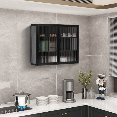 Mueble de Pared Moderno de Dos Puertas con Puerta de Cristal con Tres Niveles de Almacenamiento para Entrada, Sala de Estar, Baño, Comedor, Negro No Disponible Plataformas- Temu