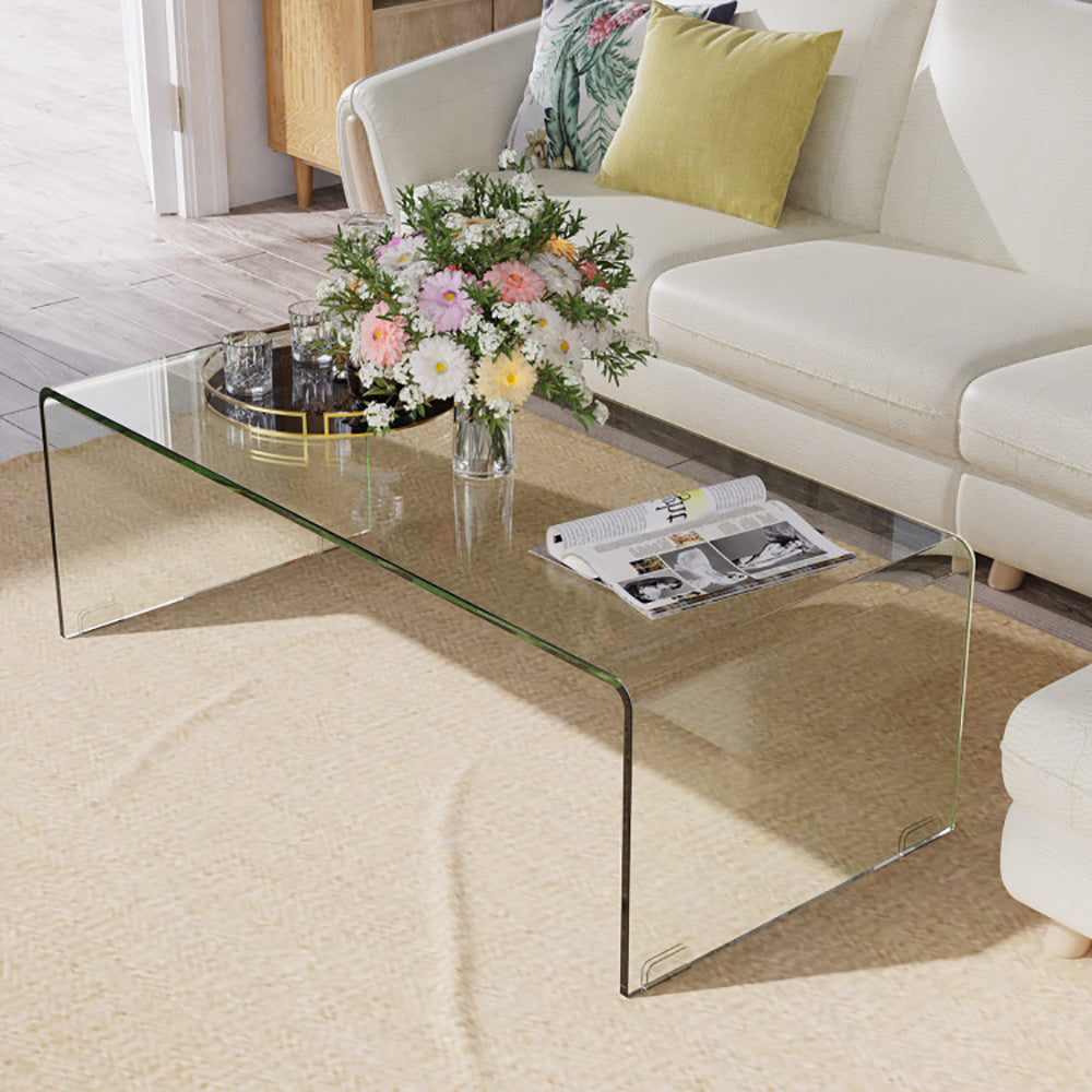 Mesa de café de vidrio de 42,5 x 20 x 14 pulgadas con bordes redondeados para sala de estar
