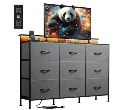 47-inch TV Stand For Up To 55 Inch TVs, Entertainment Center With RGB LED Lights & Charging Station, Media Console With 9 Fabric Drawers