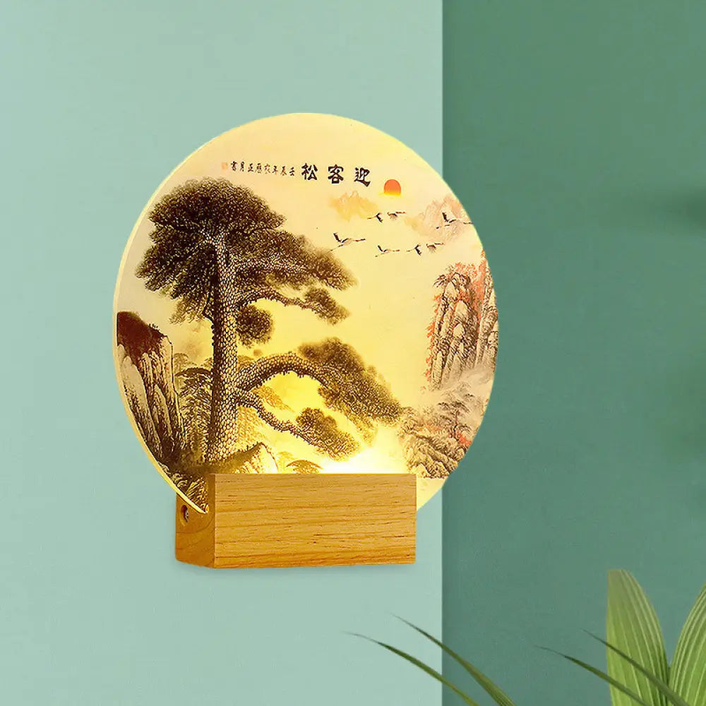 Aplique de pared LED acrílico: Pino redondo y montaña - Lámpara mural de madera de estilo oriental