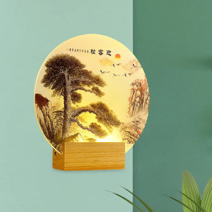 Aplique de pared LED acrílico: Pino redondo y montaña - Lámpara mural de madera de estilo oriental