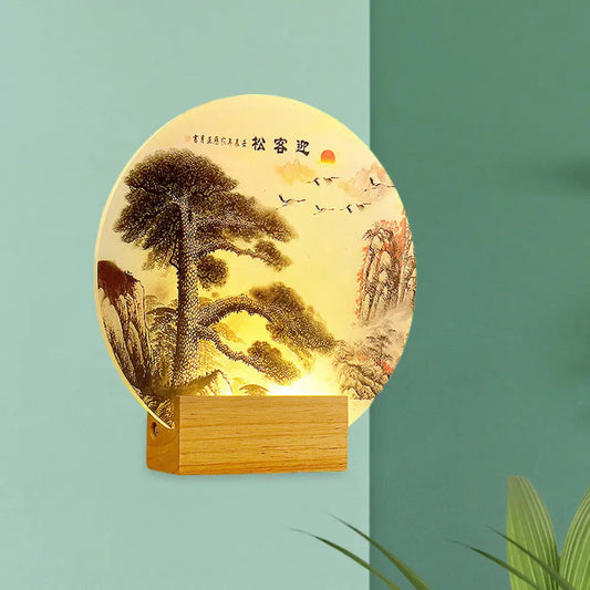Aplique de pared LED acrílico: Pino redondo y montaña - Lámpara mural de madera de estilo oriental