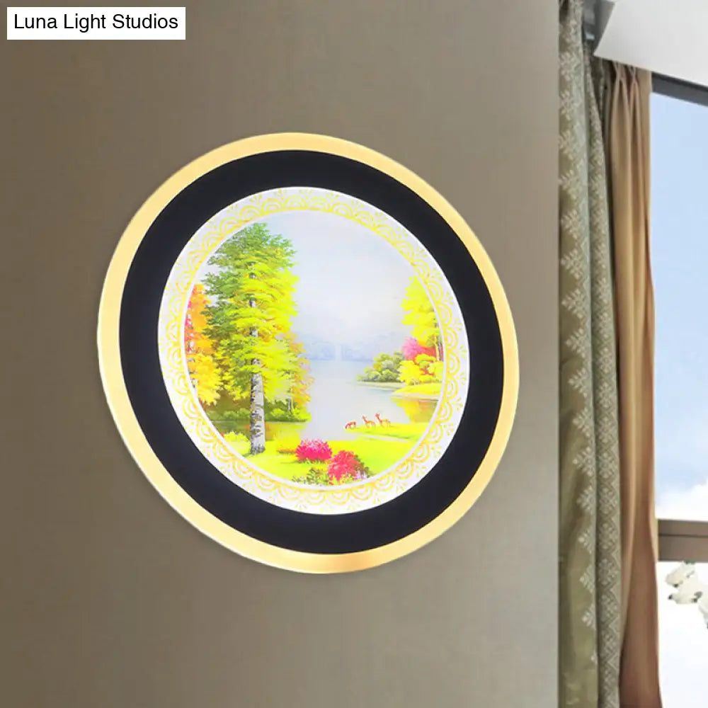 Lámpara de pared redonda LED de estilo nórdico acrílico en forma de árbol, color amarillo/azul, para sala de estar