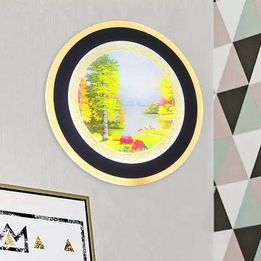 Lámpara de pared redonda LED de estilo nórdico acrílico en forma de árbol, color amarillo/azul, para sala de estar