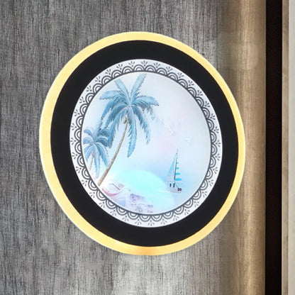 Lámpara de pared redonda LED de estilo nórdico acrílico en forma de árbol, color amarillo/azul, para sala de estar